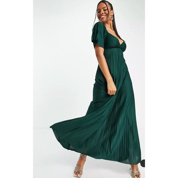 ASOS Pleated Twist Back Cap Sleeve Maxi Dress Women 4 Forest Green Sheer Chiffon - Picture 1 of 10